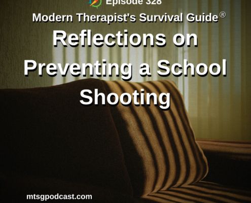 Photo ID: A couch half in shadow and half illuminated through window blinds with text overlay "Episode 328: Modern Therapist Reflections on Preventing a School Shooting"