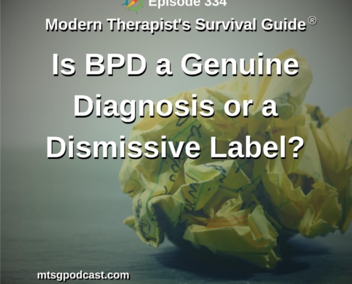 Photo ID: A crumpled up, written on piece of lined yellow paper sitting on the ground with text overlay "Episode 334: Is BPD a Genuine Diagnosis or a Dismissive Label?"