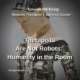 Photo ID: A robot with a human like face and text overlay "Episode 255 REPLAY: Therapists Are Not Robots: Humanity in the Room"
