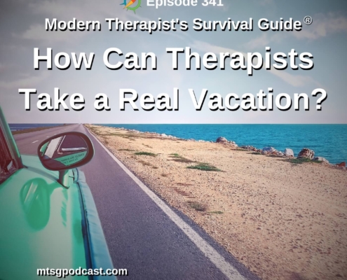 Photo ID: View from inside an old fashioned mint green car driving down a road with the sand of a beach and the ocean to one side with text overlay "Episode 341: How Can Therapists Take a Real Vacation?"