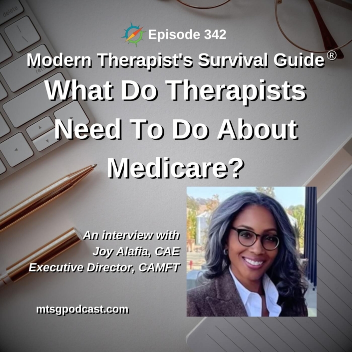 Photo ID: A keyboard, pens and lined paper with a picture of Joy Alafia to one side and text overlay "Episode 342: What Do Therapists Need To Do About Medicare? Opting in or out for 2024: An interview with Joy Alafia, CAE"
