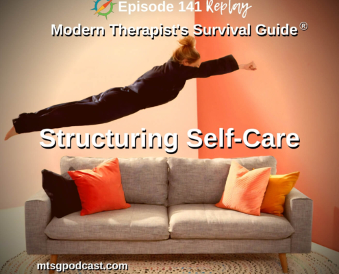 Photo ID: A person wearing pajamas mid-leap over a couch with text overlay "Episode 141 REPLAY: Structuring Self-Care"