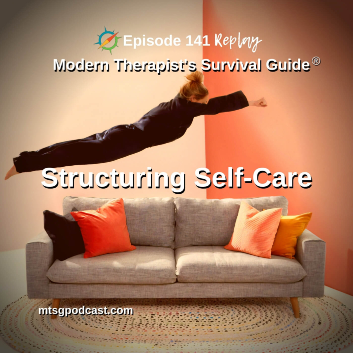 Photo ID: A person wearing pajamas mid-leap over a couch with text overlay "Episode 141 REPLAY: Structuring Self-Care"