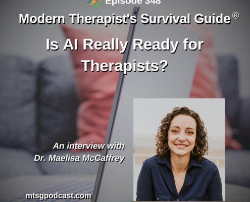 Photo ID: An open laptop on a coffee table in front of a couch with a photo of Maelisa McCaffrey to one side and text overlay "Episode 348: Is AI Really Ready for Therapists? An interview with Dr. Maelisa McCaffrey"