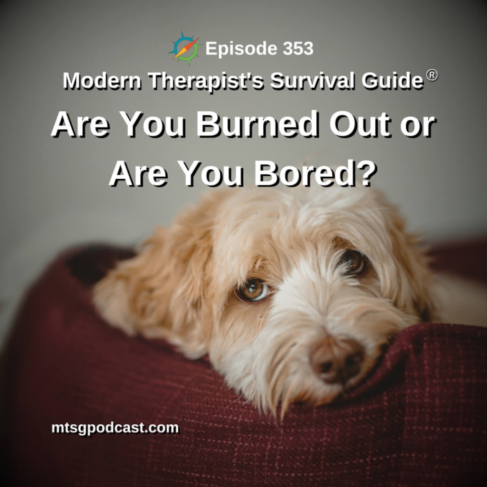 Photo ID: A dog looking up with puppy dog eyes while laying on a dog bed with text overlay "Episode 353: Are You Burned Out or Are You Bored?"