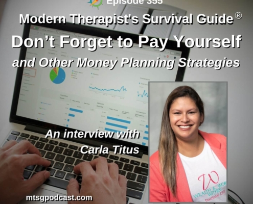 Photo ID: Someone working on a laptop using an accounting program with a photo of Carla Titus to one side and text overlay "Episode 355: Don’t Forget to Pay Yourself and Other Money Planning Strategies: An interview with Carla Titus"