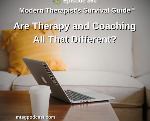Photo ID: An open laptop on a coffee table in front of a white couch with a yellow pillow. Text overlay reads "Episode 360: Are Therapy and Coaching All That Different?"