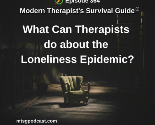 Photo ID: A green chair in poor condition in a dimly lit abandoned room with text overlay "Episode 364: What Can Therapists Do About the Loneliness Epidemic?"