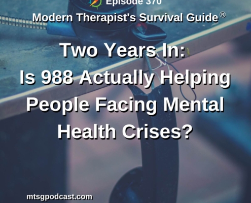 Photo ID: A broken phone partially hanging off of a desk with text overlay "Episode 370: Two Years In: Is 988 Actually Helping People Facing Mental Health Crises?"