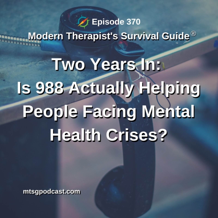 Photo ID: A broken phone partially hanging off of a desk with text overlay "Episode 370: Two Years In: Is 988 Actually Helping People Facing Mental Health Crises?"