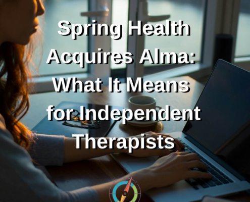 Image: Blog post graphic of a woman typing on a laptop with text overlay "Spring Health Acquires Alma: What It Means for Independent Therapists."