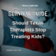 Image: A fraying Texas flag on a flag pole with text overlay "Should Texas Therapists Stop Treating Kids?" Website listed as mtsgpodcast.com.