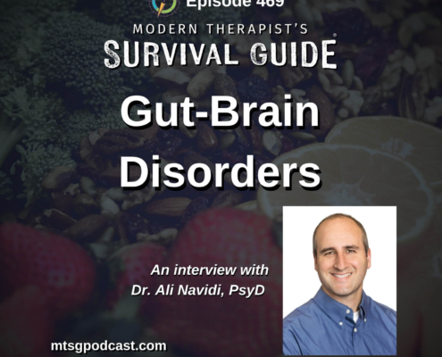 Image: Background shows assorted healthy foods including strawberries, nuts, broccoli, and sliced citrus fruit. Text reads: “Gut-Brain Disorders.” A headshot of a smiling man in a blue button-down shirt appears in the corner. Text below reads: “An interview with Dr. Ali Navidi, PsyD.” Website: mtsgpodcast.com.