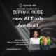 Image: The graphic features the Modern Therapist's Survival Guide branding with the title "Episode 484: How AI Tools Are Built." A blurred close-up of hands typing on a laptop serves as the background. Headshots of Megan Toomey and Ian Knox appear in the lower right alongside text identifying them as guests from SimplePractice. The podcast website appears at the bottom of the graphic.