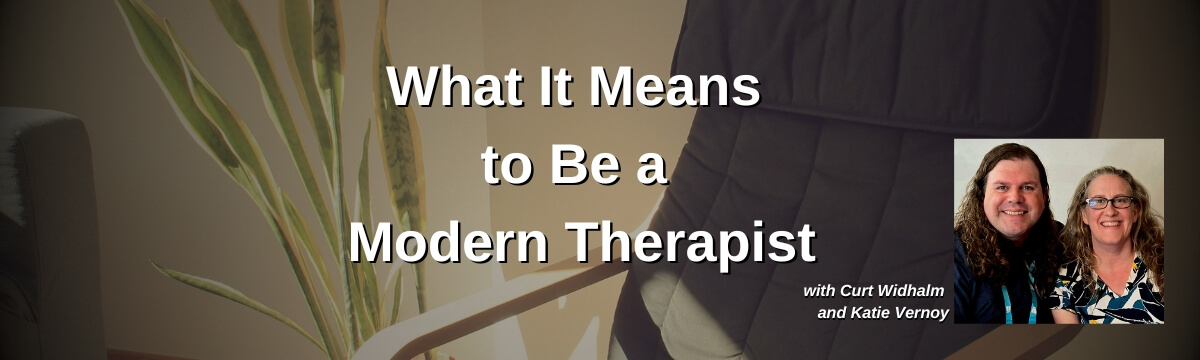 Image: Episode 486 artwork for Modern Therapist’s Survival Guide titled “What It Means to Be a Modern Therapist,” featuring Curt Widhalm and Katie Vernoy in front of an image of a therapy chair.